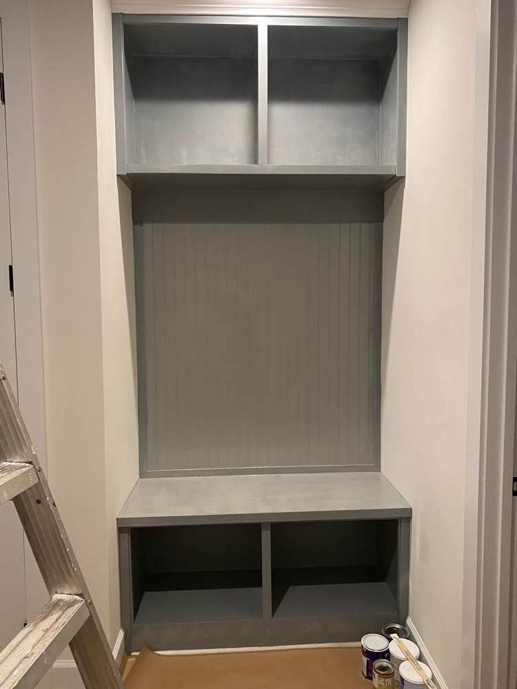 Mudroom bench and storage: Installed and painted