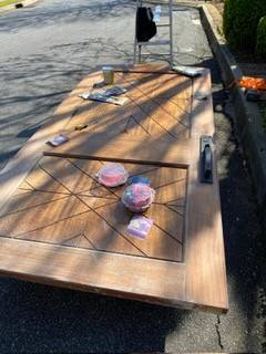 Wood entry door refinish: Before: sanding and prep