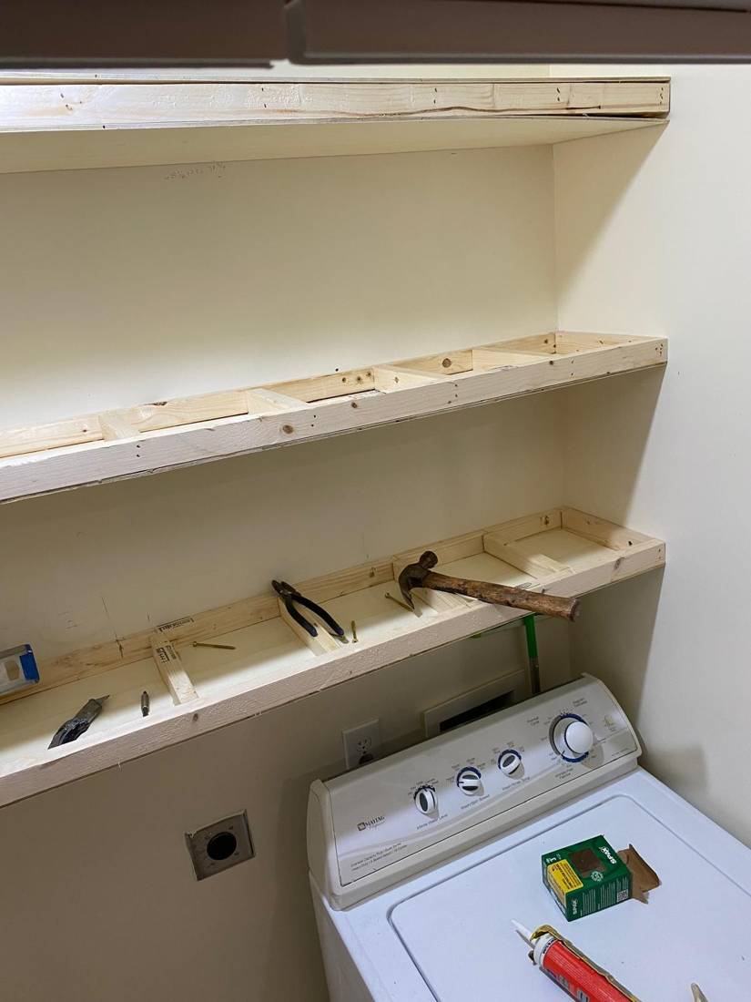 Laundry area: In progress: shelf frames