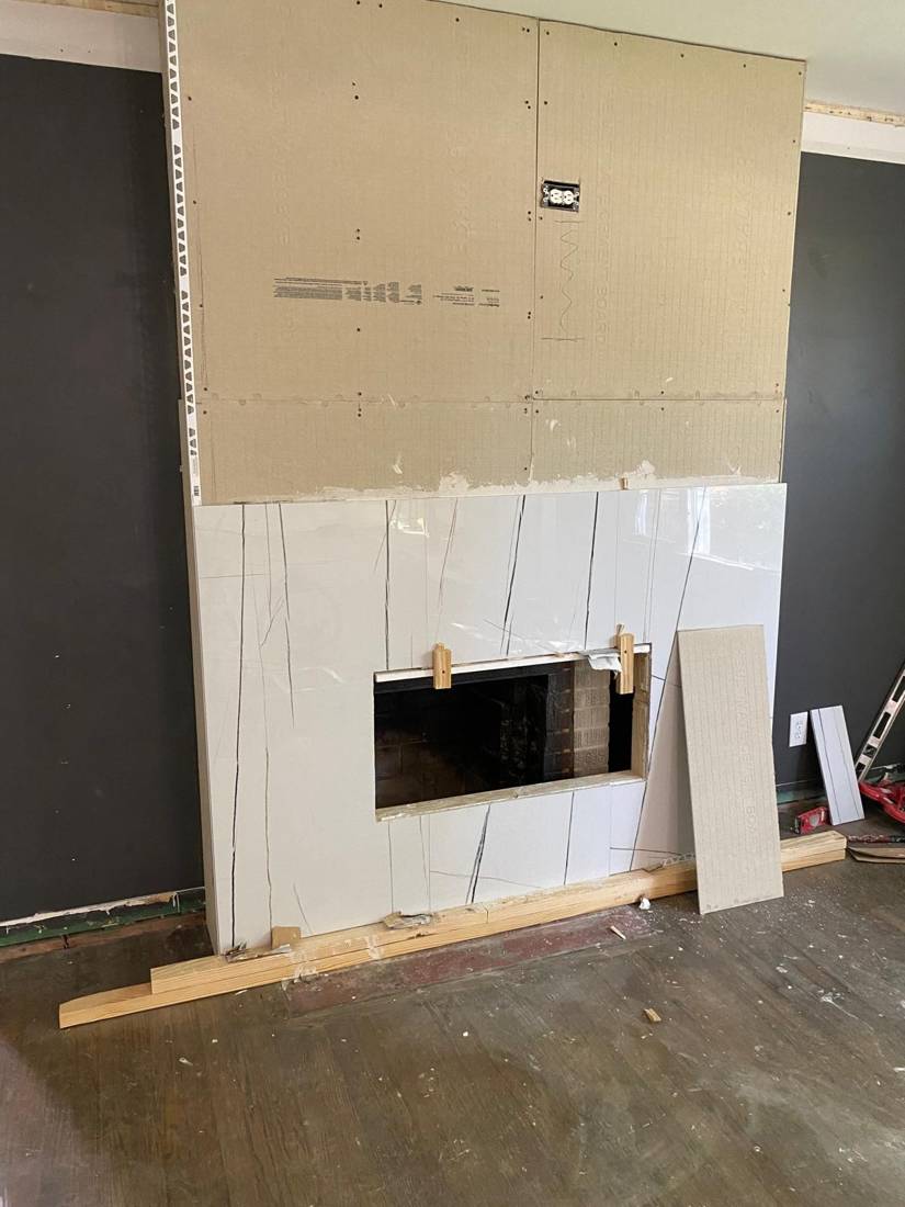 Fireplace TV wall: In progress: cement board and tile