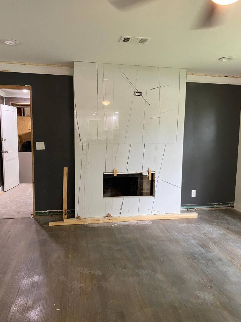 Fireplace TV wall: In progress: tile wall