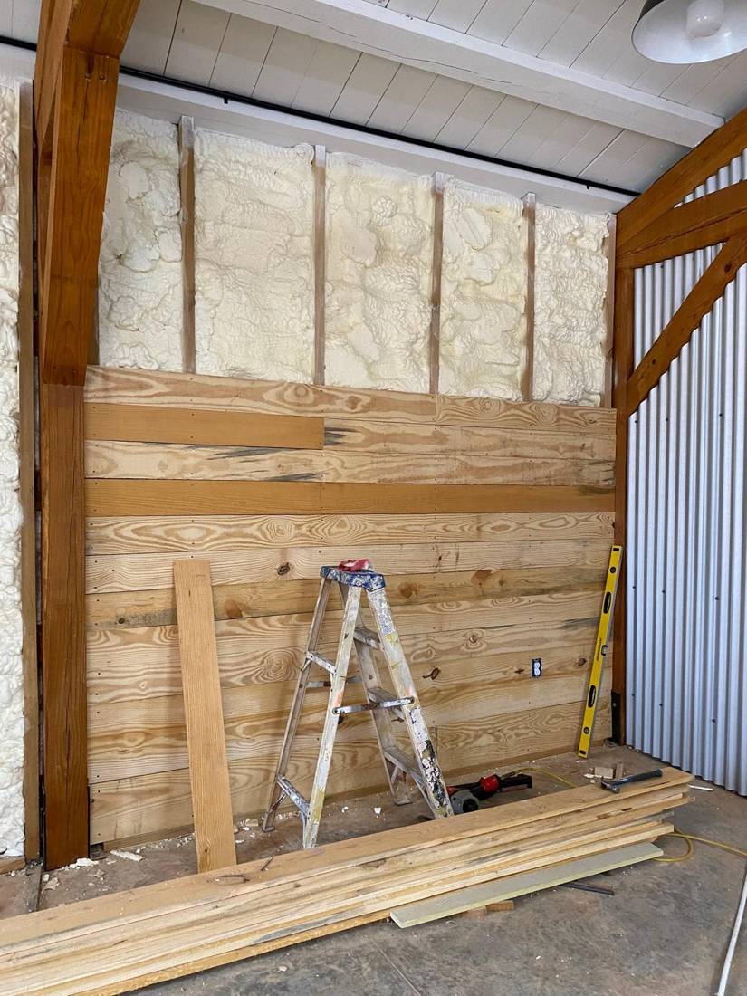 Shiplap accent wall: In progress: planks going up